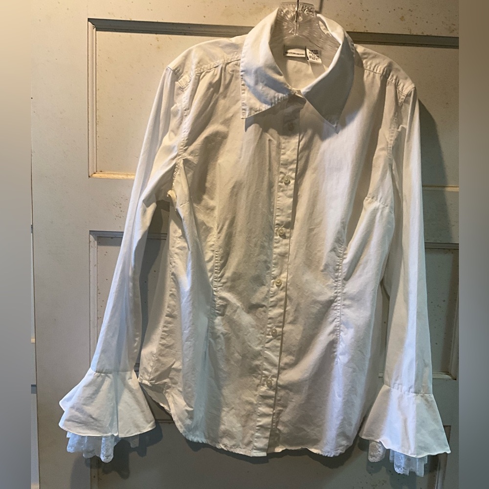 Newport News White Ruffle Cuff Button-Up Blouse